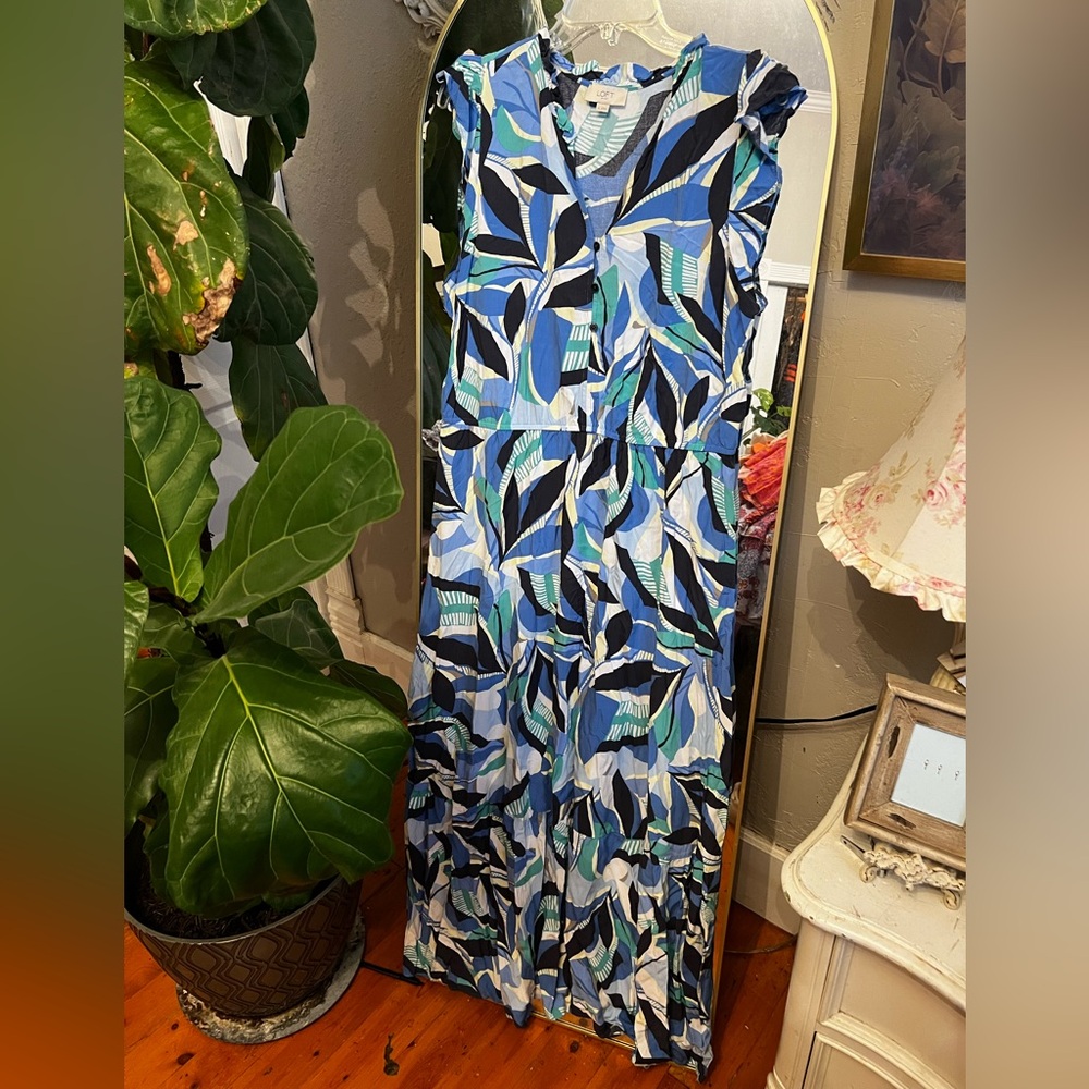 LOFT Blue and White Sleeveless V-Neck Sundress